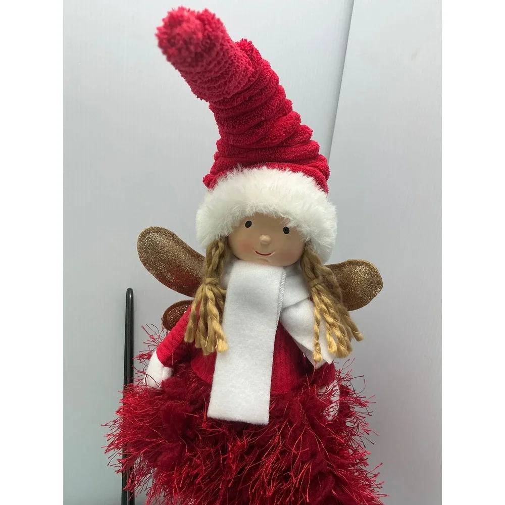 Red White Christmas Fairy Shelf Sitter Holiday Decor Glitter Wings 18 Inch